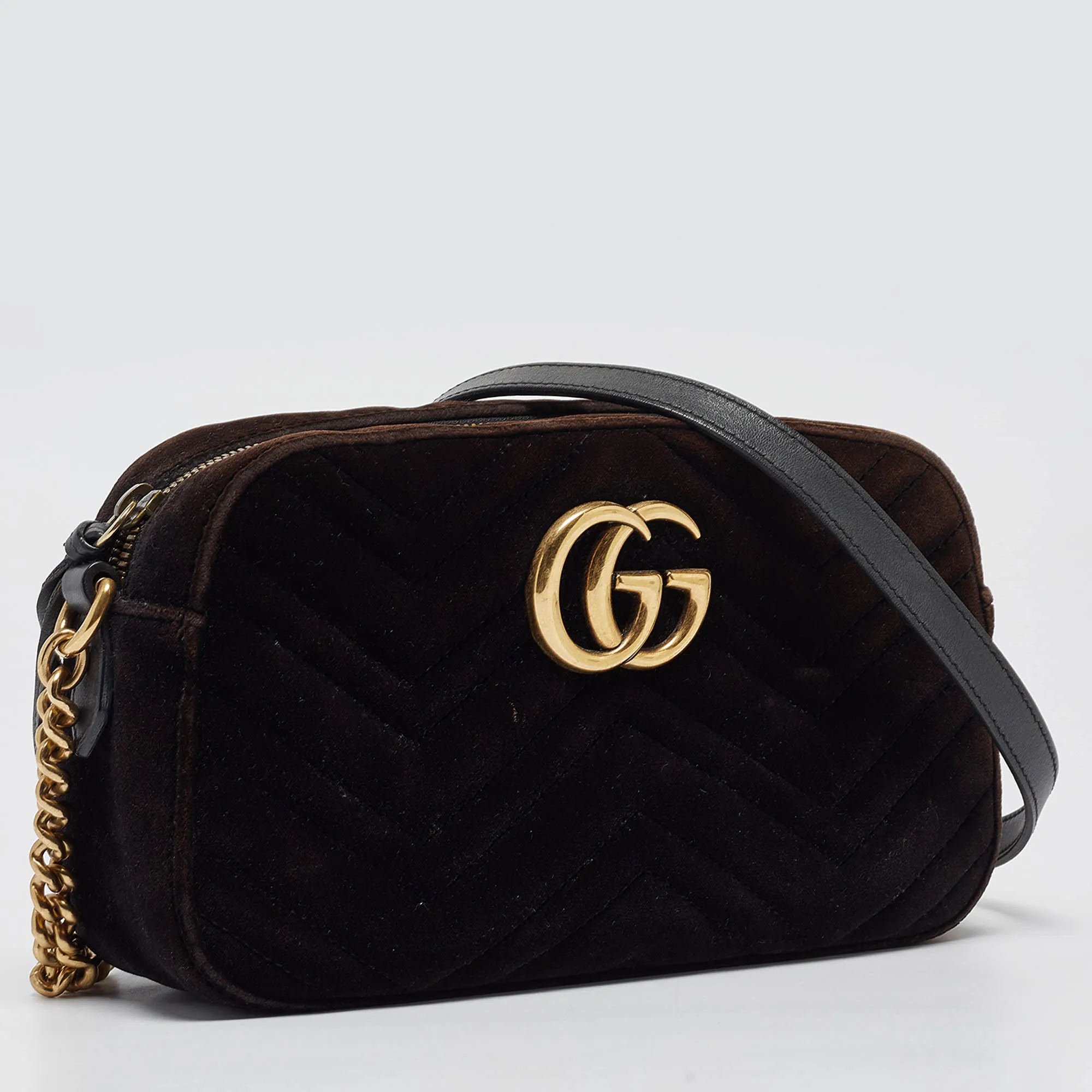 Gucci Black/brown Matelass&eacute; Velvet Small Gg Marmont Shoulder Bag