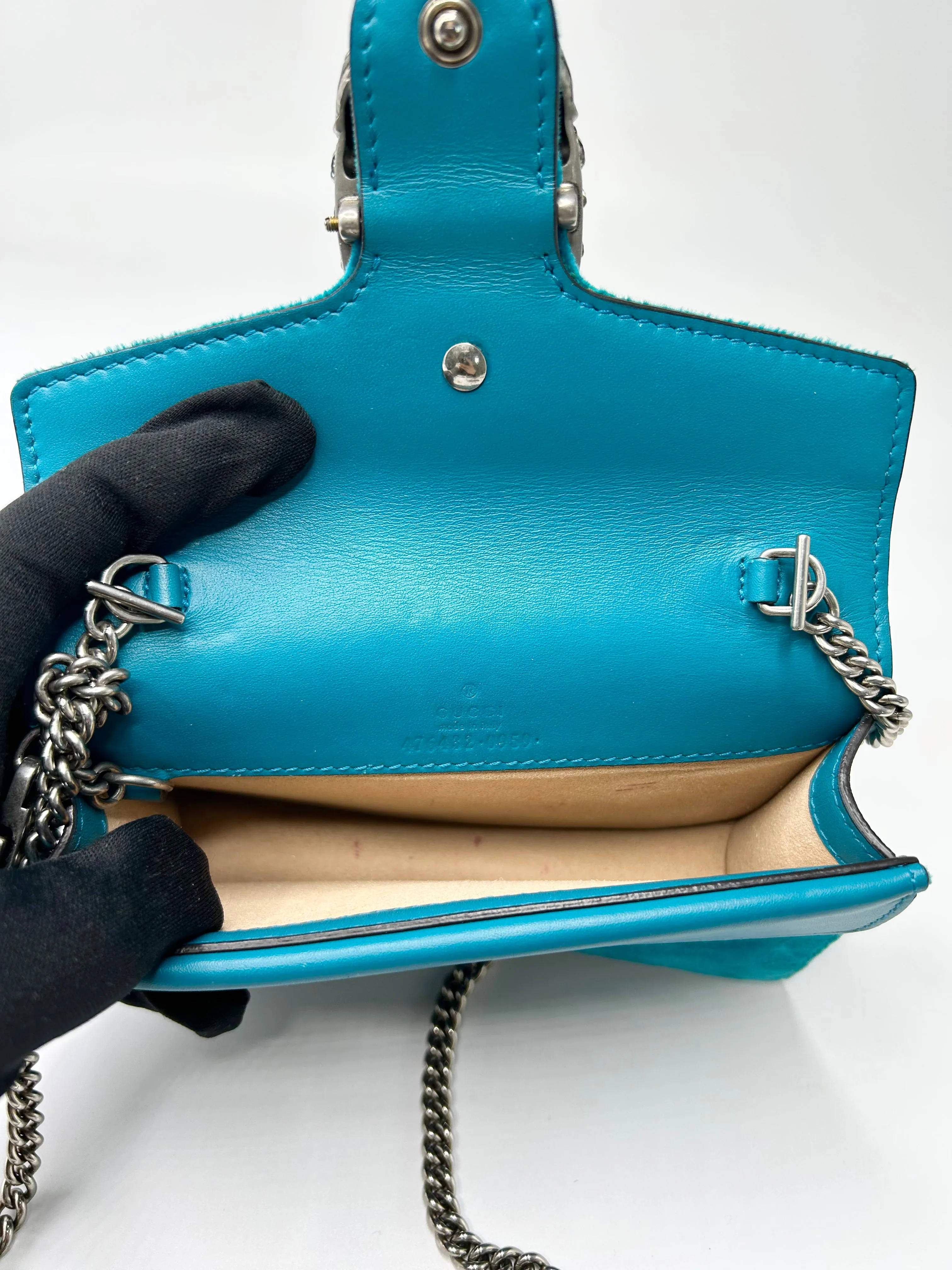 Gucci Velvet Super Mini Dionysus Shoulder Bag Pavone Cyan