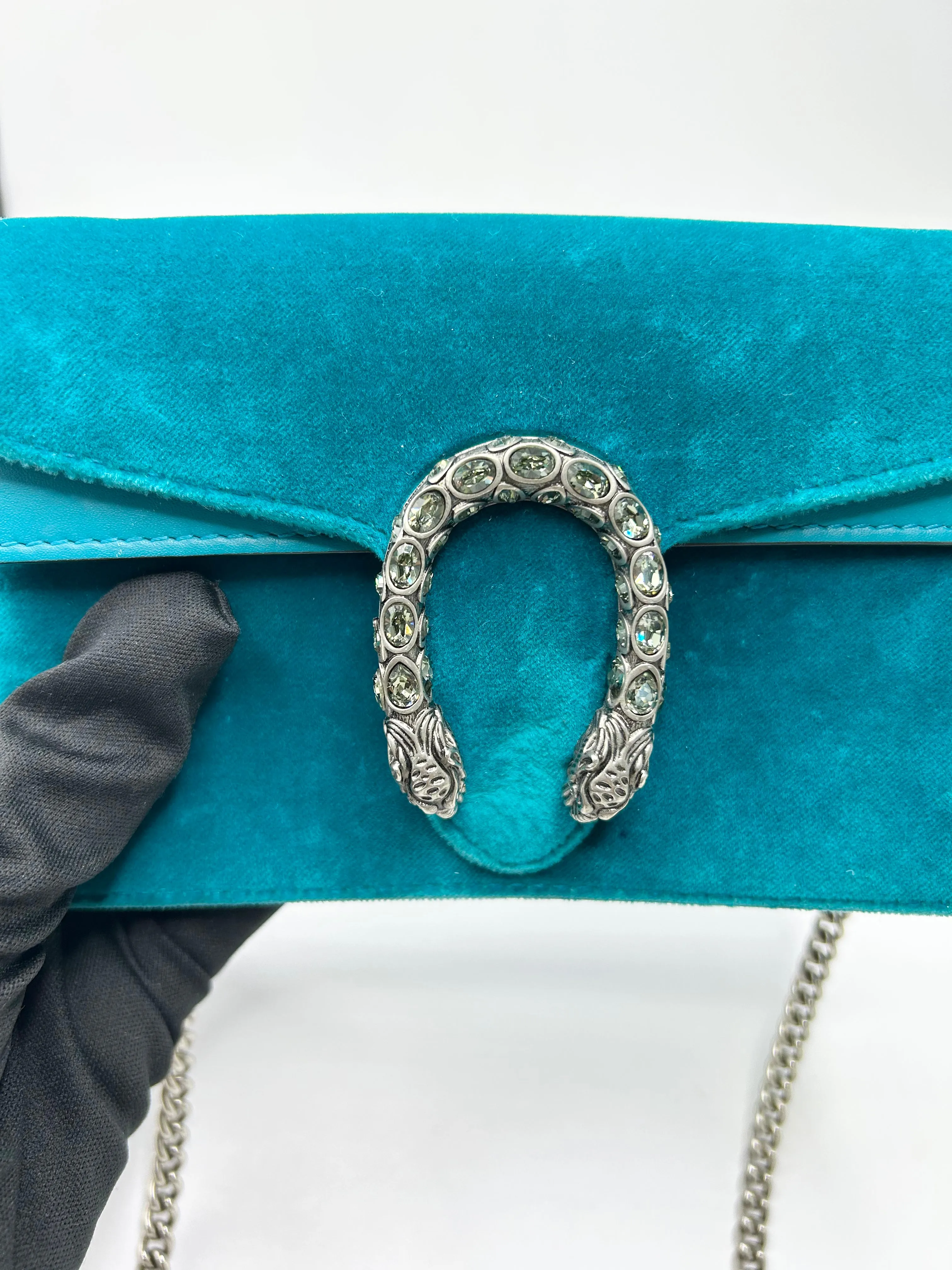 Gucci Velvet Super Mini Dionysus Shoulder Bag Pavone Cyan