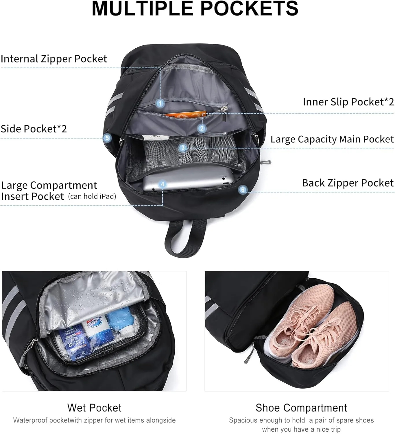Gym Backpack for Women with Shoes Compartment & Wet Pocket,Large Travel Backpack Waterproof, Black Backpack