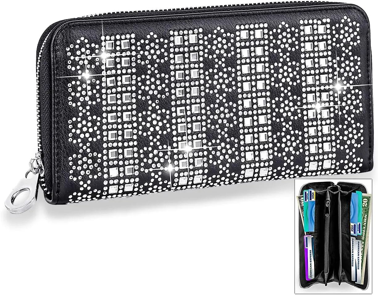 HANDBAG EXPRESS Bling Rhinestone Multi Design Accordion Wallets for Women Purse (7381-Black)