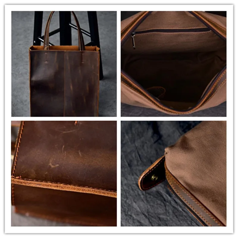 Handmade Tote Bag Crazy Horse Leather Shoulder Bag Shopping Bag