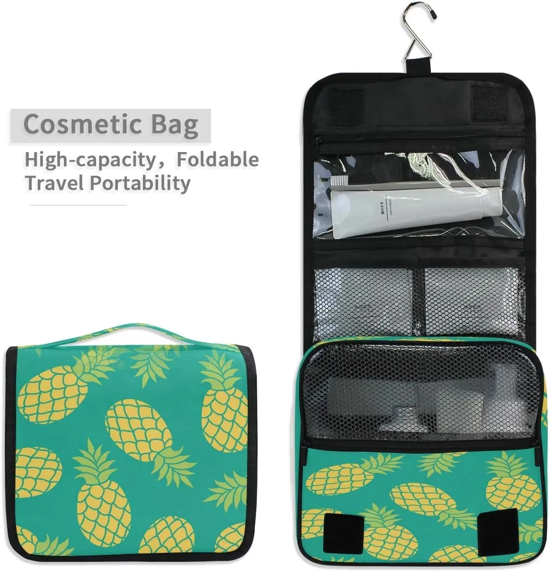 Hanging Toiletry Bag Tropical Fruit Pineapple Pattern Portable Travel Cosmetic Makeup Bag Bathroom Shower Shaving Kit Organizer Bag for Men Women