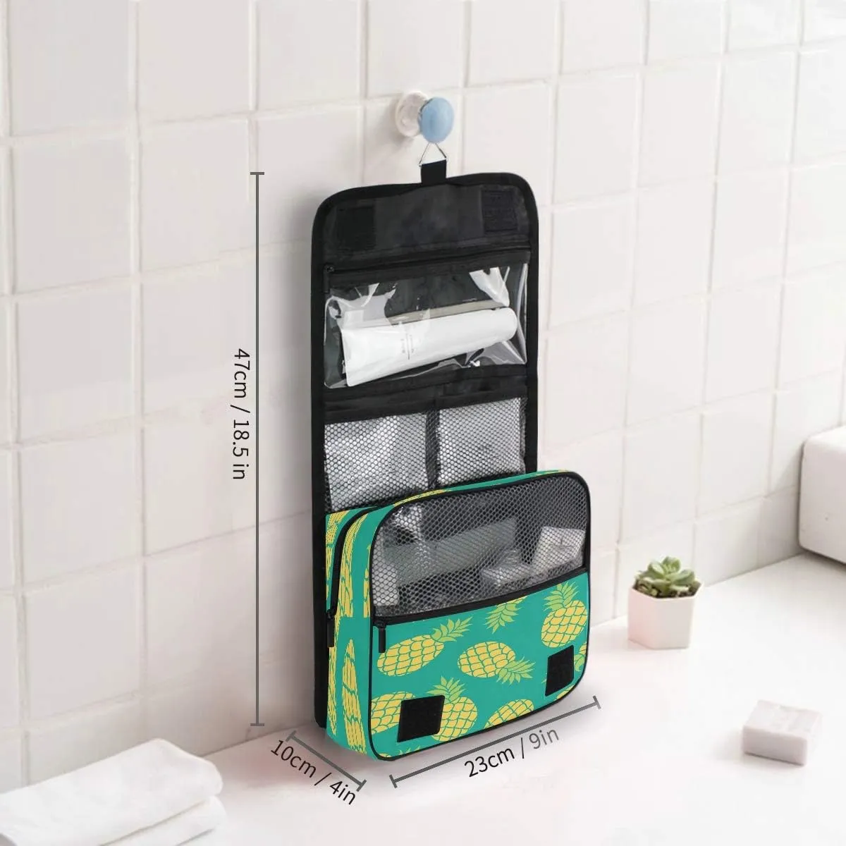 Hanging Toiletry Bag Tropical Fruit Pineapple Pattern Portable Travel Cosmetic Makeup Bag Bathroom Shower Shaving Kit Organizer Bag for Men Women