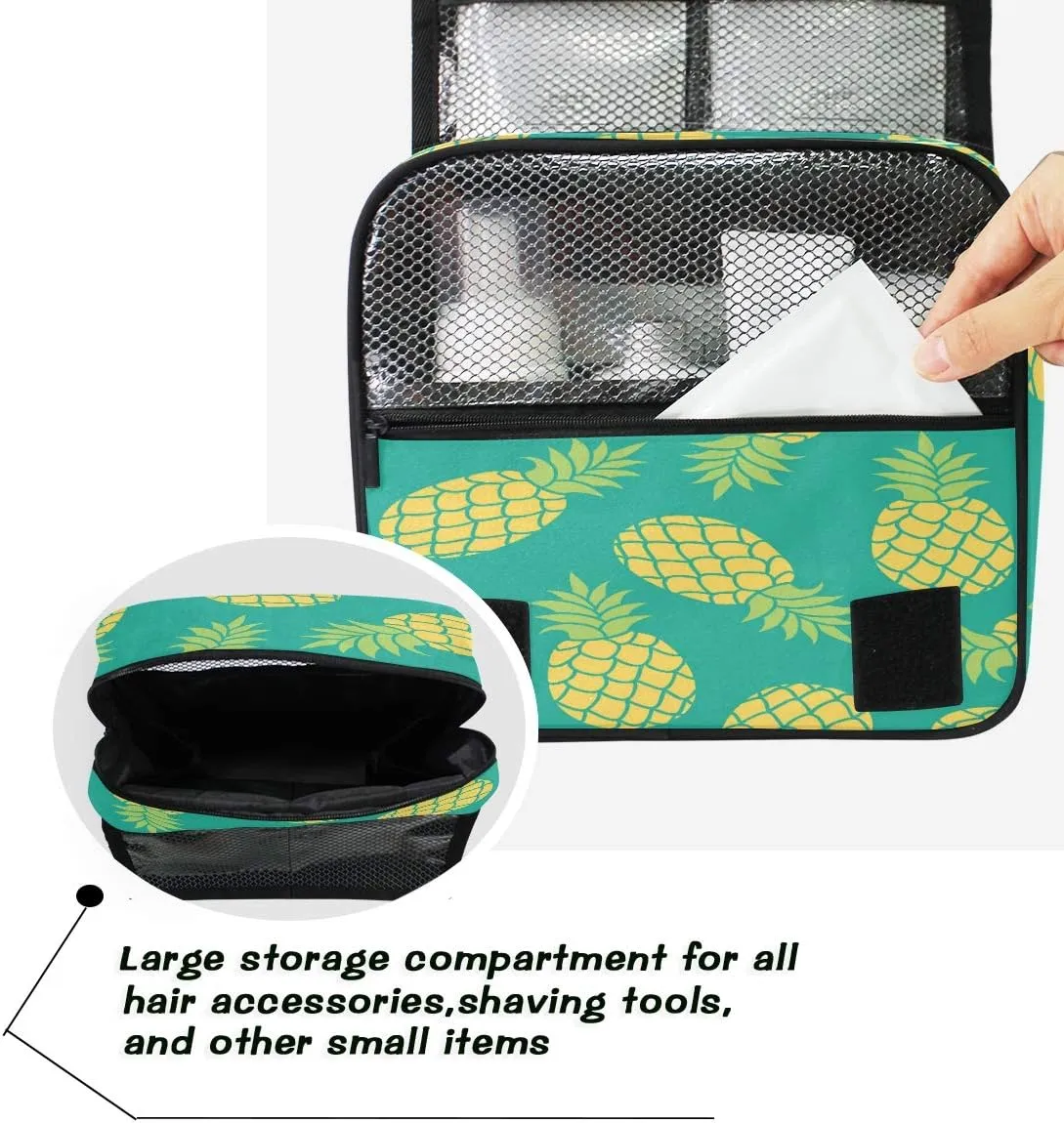 Hanging Toiletry Bag Tropical Fruit Pineapple Pattern Portable Travel Cosmetic Makeup Bag Bathroom Shower Shaving Kit Organizer Bag for Men Women