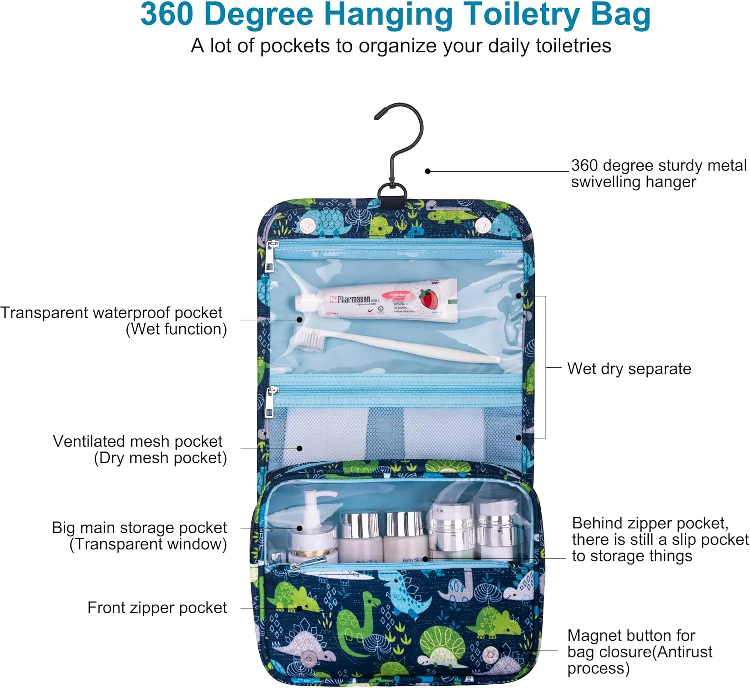Hanging Travel Kids Toiletry Bag for Boys, Waterproof Travel Organizer, Cute Dinosaur Snake Cartoon Cosmetic Bath Bag with 360 Rotatable Hook (Blue)