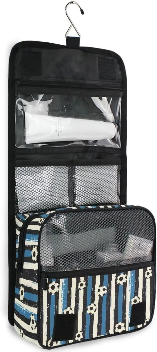 Hanging Travel Toiletry Bag Blue Black Stripes Soccer Balls Kit Makeup Case Cosmetics Organizer for Men Women
