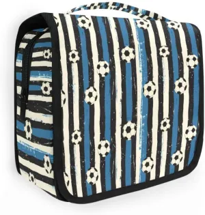 Hanging Travel Toiletry Bag Blue Black Stripes Soccer Balls Kit Makeup Case Cosmetics Organizer for Men Women