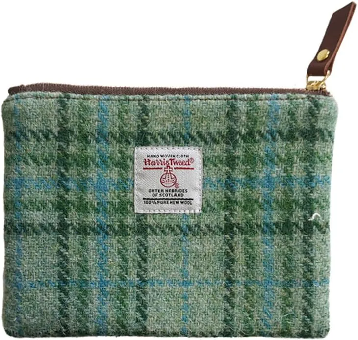 Harris Tweed Coin Purse Handmade Lipstick Bag Vintage British Portable Credit Card ID Wallet with YKK Zipper for Women men (Mint Green, Medium)