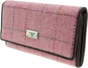 Harris Tweed Ladies Fold-Over Purse - Scottish Wool Wallet with Magnetic Closure - Elegant Women’s Travel & Card Wallet - Bright Pink with Overcheck Tartan