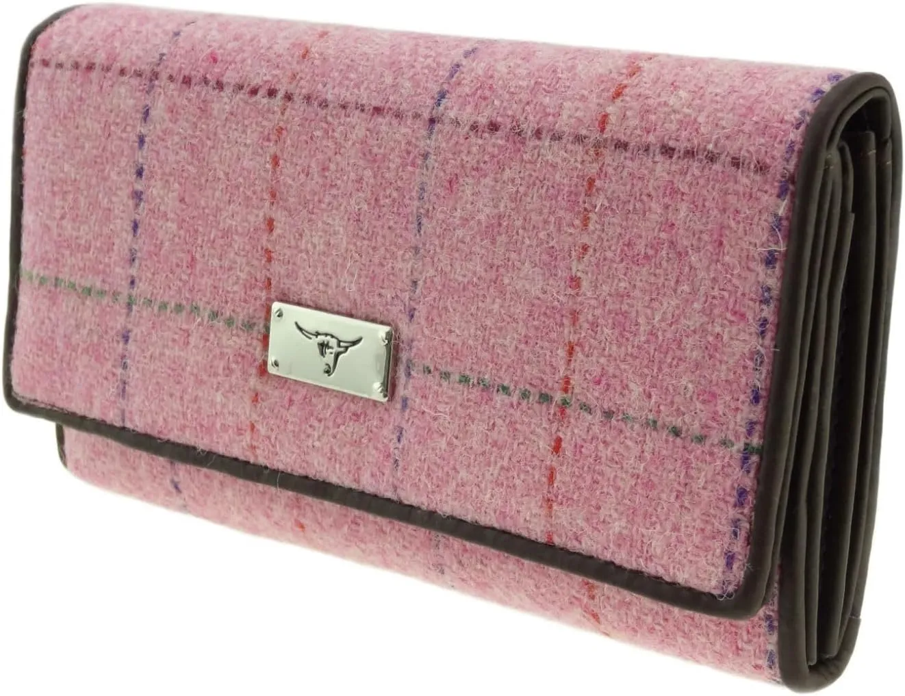 Harris Tweed Ladies Fold-Over Purse - Scottish Wool Wallet with Magnetic Closure - Elegant Women’s Travel & Card Wallet - Bright Pink with Overcheck Tartan