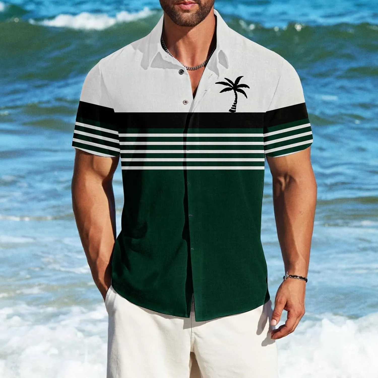 Hawaiian Shirt for Men Short Sleeve Button Down Collar Tops Tropical Coconut Tree Graphic Holiday Beach Summer Shirts