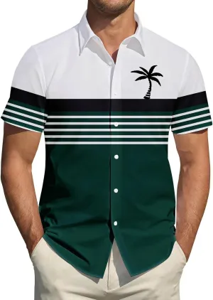 Hawaiian Shirt for Men Short Sleeve Button Down Collar Tops Tropical Coconut Tree Graphic Holiday Beach Summer Shirts