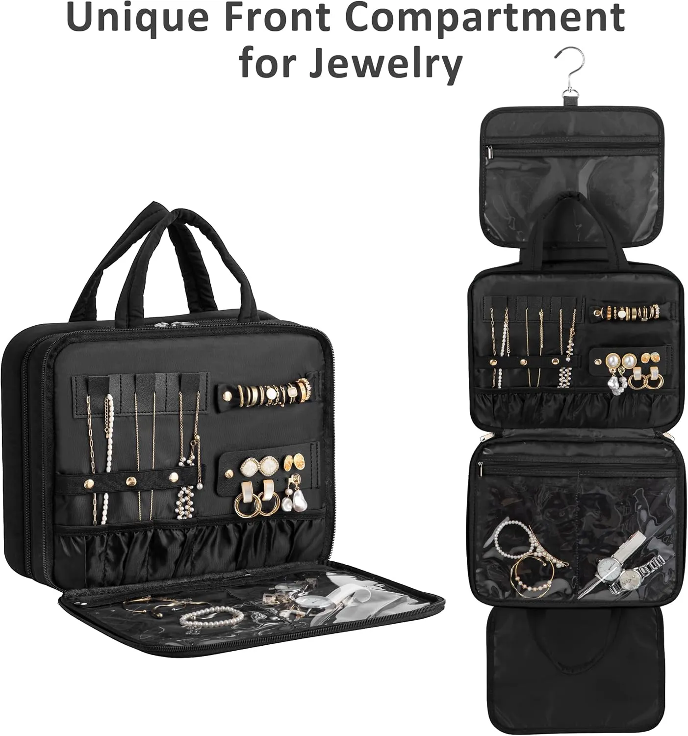 HBlife Travel Toiletry Bag with Jewelry Organizer for Women, Puffy Hanging Travel Bag for Toiletries with Trolley Belt, Waterproof Makeup Cosmetic Bag, Travel Accessories Essentials(Black, L)