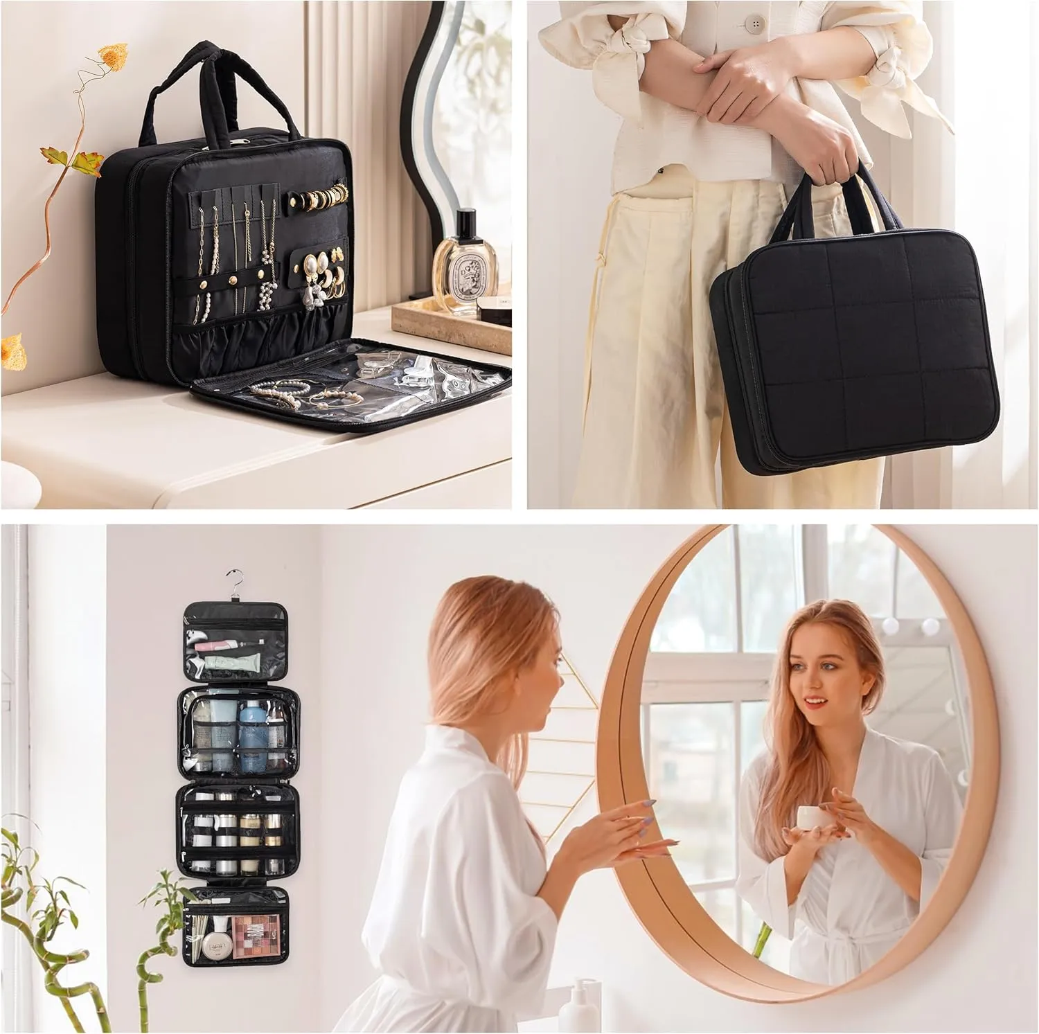 HBlife Travel Toiletry Bag with Jewelry Organizer for Women, Puffy Hanging Travel Bag for Toiletries with Trolley Belt, Waterproof Makeup Cosmetic Bag, Travel Accessories Essentials(Black, L)