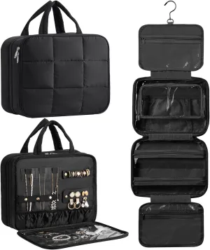 HBlife Travel Toiletry Bag with Jewelry Organizer for Women, Puffy Hanging Travel Bag for Toiletries with Trolley Belt, Waterproof Makeup Cosmetic Bag, Travel Accessories Essentials(Black, L)
