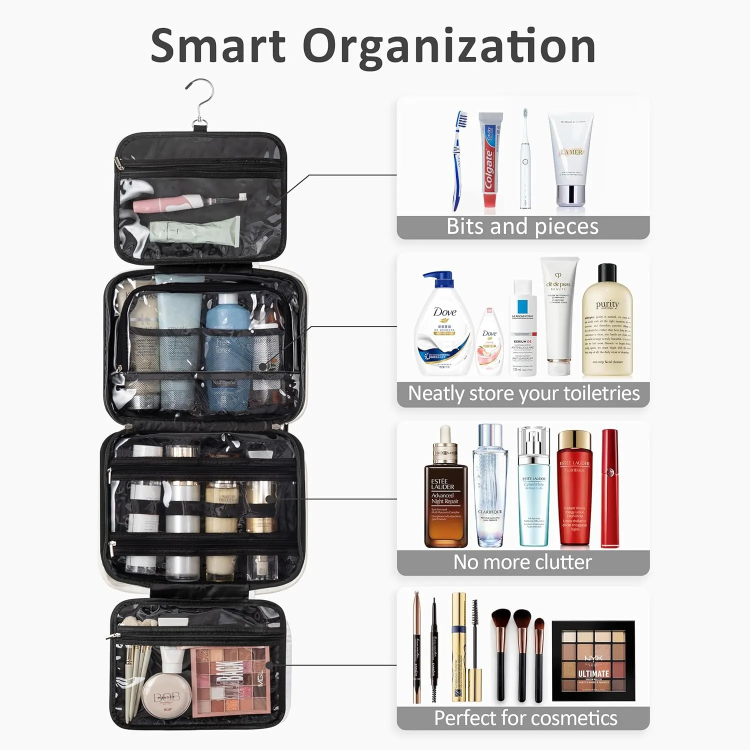 HBlife Travel Toiletry Bag with Jewelry Organizer for Women, Puffy Hanging Travel Bag for Toiletries with Trolley Belt, Waterproof Makeup Cosmetic Bag, Travel Accessories Essentials(Black, L)