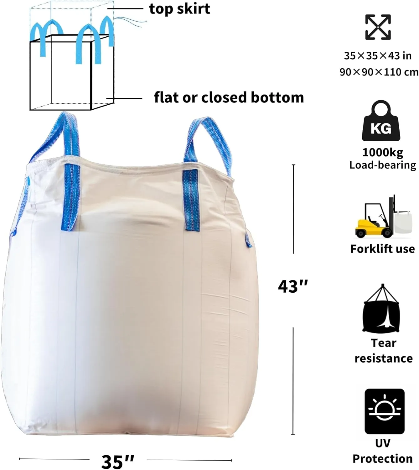 Heavy Duty FIBC Bulk Ton Bags,1 One Ton Capacity, 35"L x 35"W x 43"H, 2200 lbs SWL, Duffle Top Flat Bottom, bags for Industrial and Agricultural Use (Pack of 10)