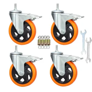 Heavy Duty Stem Caster Wheels M10-1.5X25mm Dual Locking No Noise PVC Threaded Stem Caster Wheels Pack of 4 for Workbench, Dolly, Furniture (5 Inch, Orange)