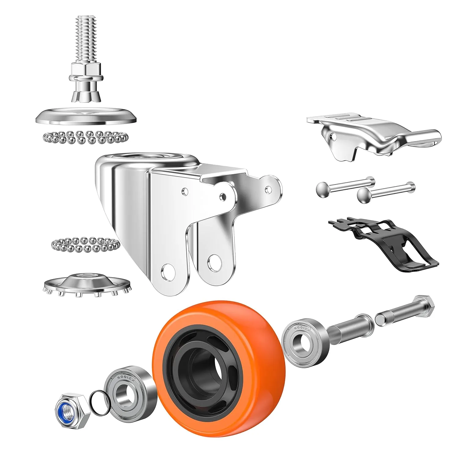 Heavy Duty Stem Caster Wheels M10-1.5X25mm Dual Locking No Noise PVC Threaded Stem Caster Wheels Pack of 4 for Workbench, Dolly, Furniture (5 Inch, Orange)