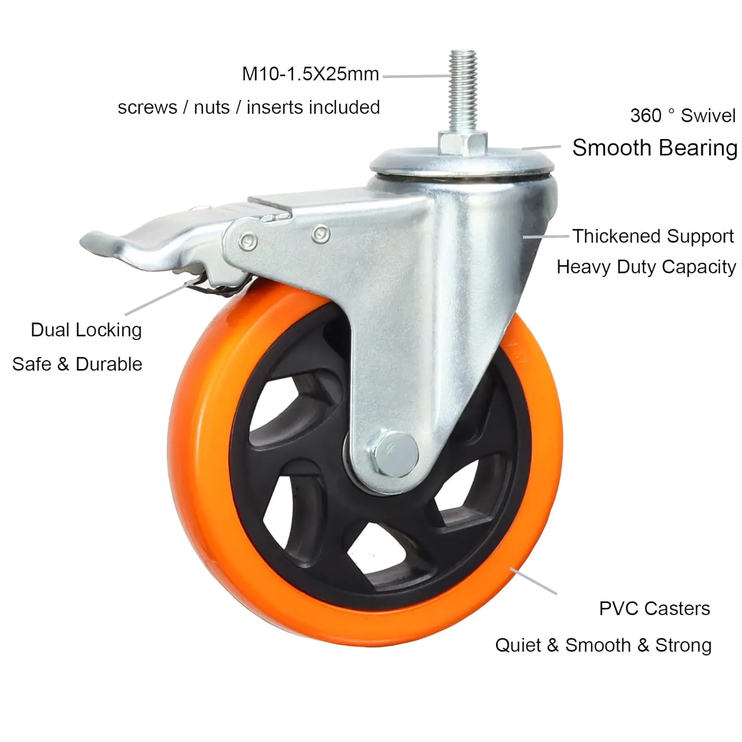 Heavy Duty Stem Caster Wheels M10-1.5X25mm Dual Locking No Noise PVC Threaded Stem Caster Wheels Pack of 4 for Workbench, Dolly, Furniture (5 Inch, Orange)