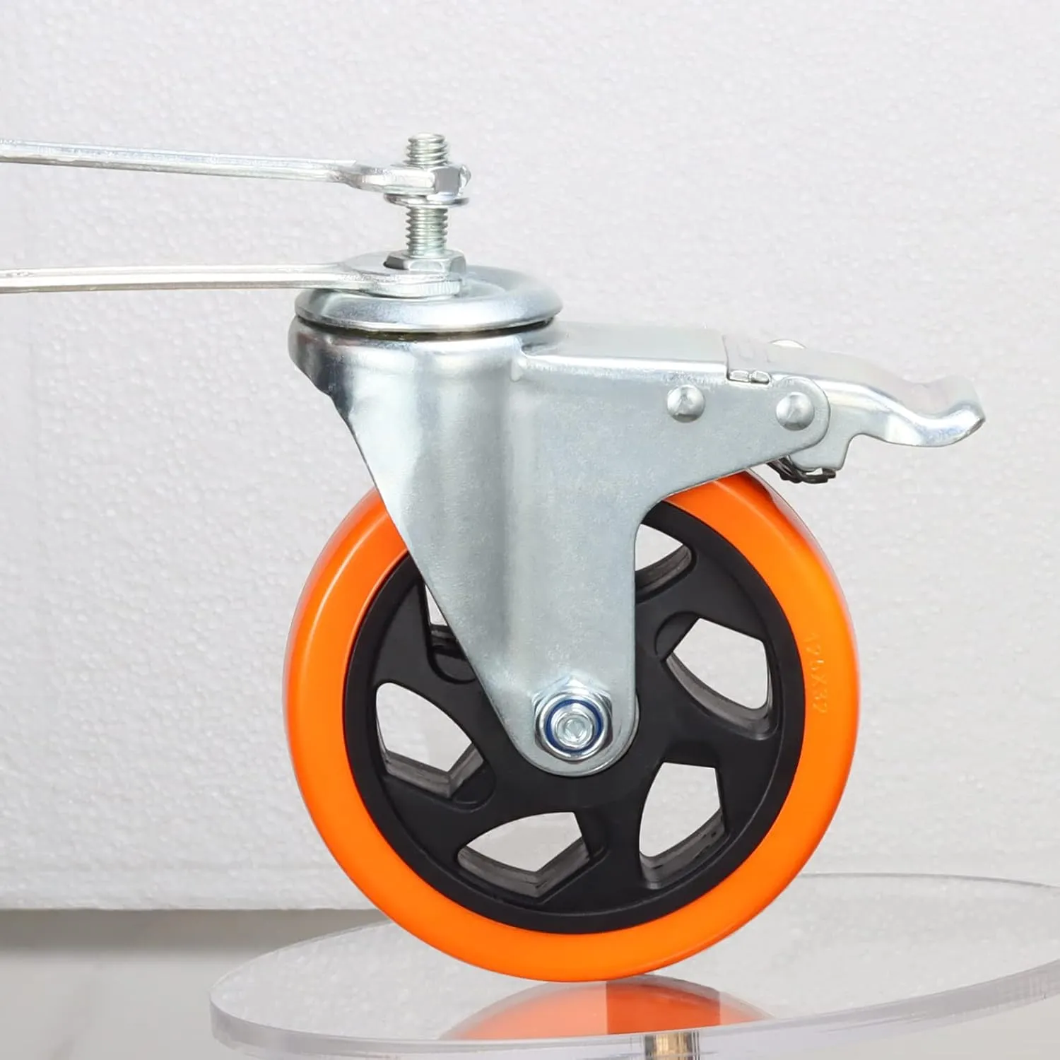 Heavy Duty Stem Caster Wheels M10-1.5X25mm Dual Locking No Noise PVC Threaded Stem Caster Wheels Pack of 4 for Workbench, Dolly, Furniture (5 Inch, Orange)