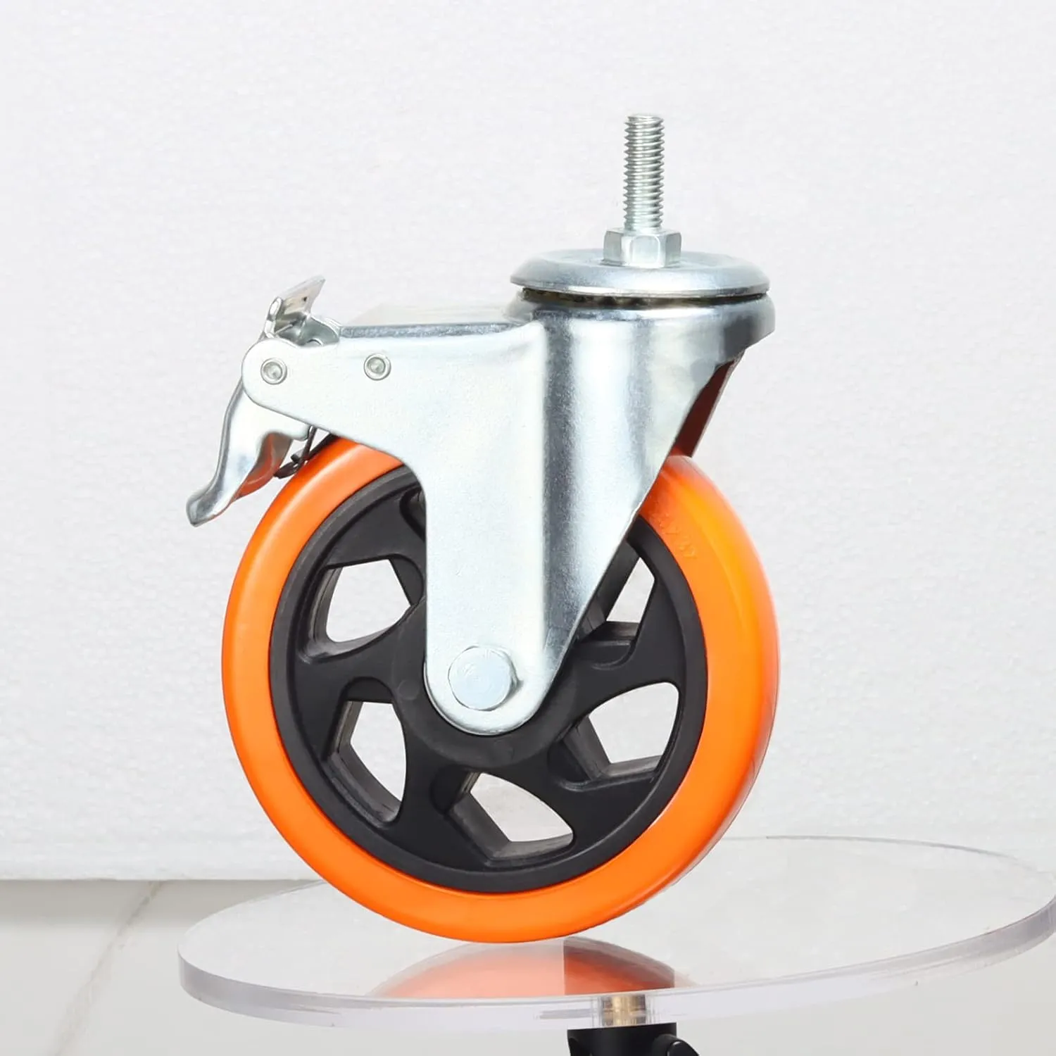 Heavy Duty Stem Caster Wheels M10-1.5X25mm Dual Locking No Noise PVC Threaded Stem Caster Wheels Pack of 4 for Workbench, Dolly, Furniture (5 Inch, Orange)