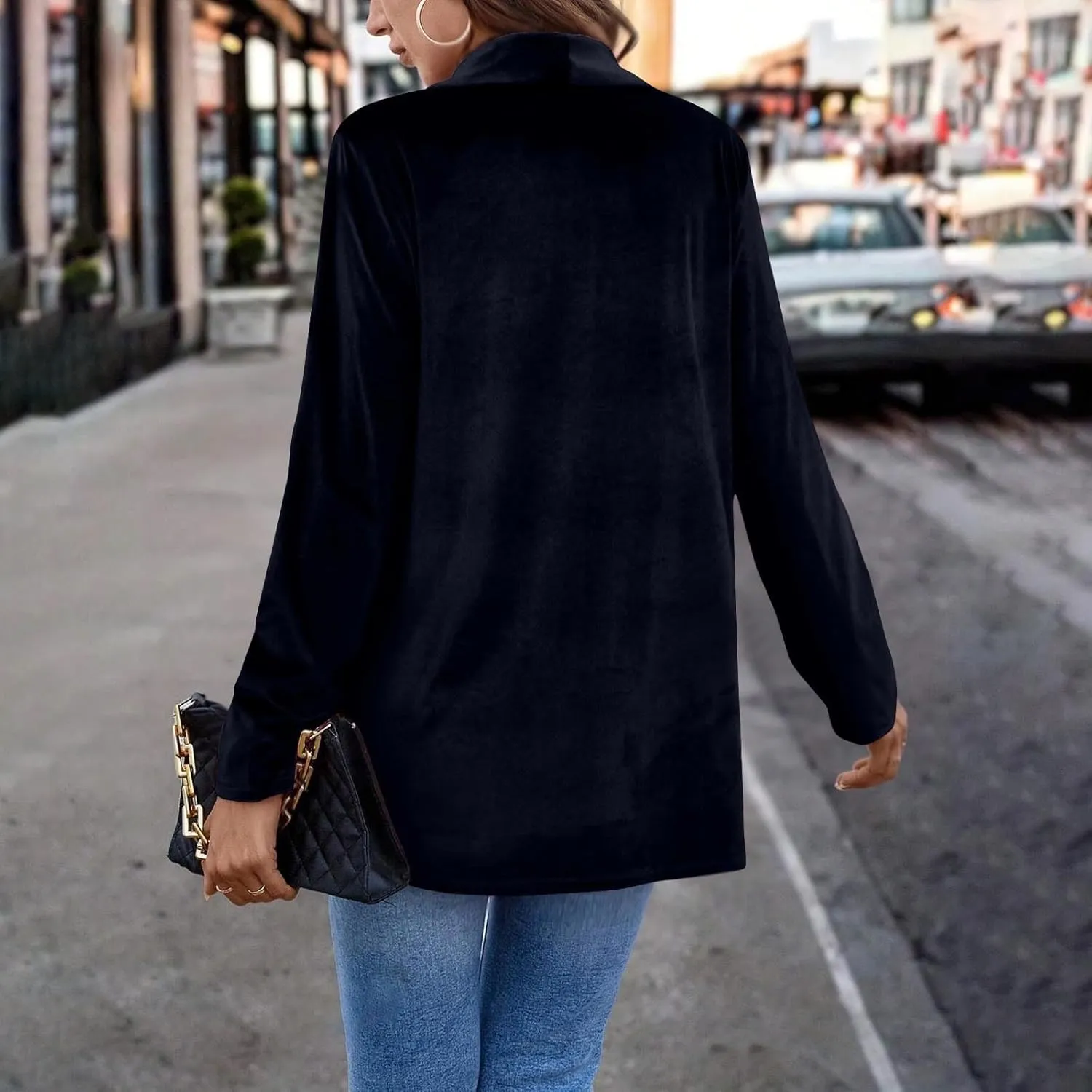 HGps8w Velvet Blazers for Women Vintage Suit Jackets Elegant Open Front Long Sleeve Loose Outerwear with Pockets