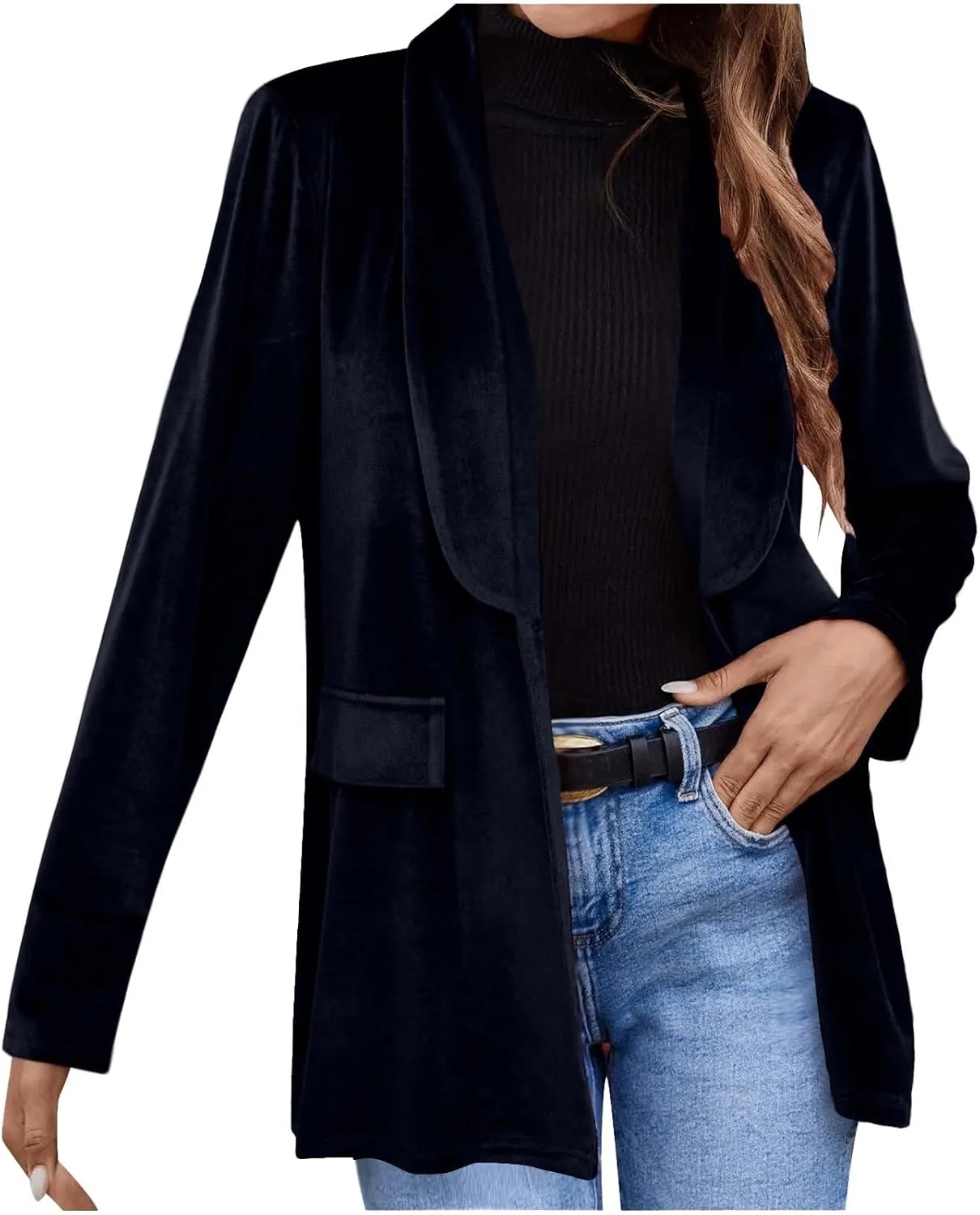 HGps8w Velvet Blazers for Women Vintage Suit Jackets Elegant Open Front Long Sleeve Loose Outerwear with Pockets