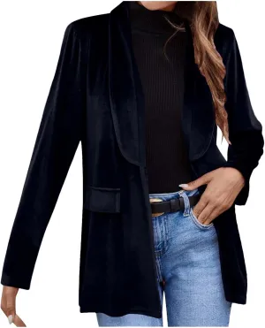 HGps8w Velvet Blazers for Women Vintage Suit Jackets Elegant Open Front Long Sleeve Loose Outerwear with Pockets