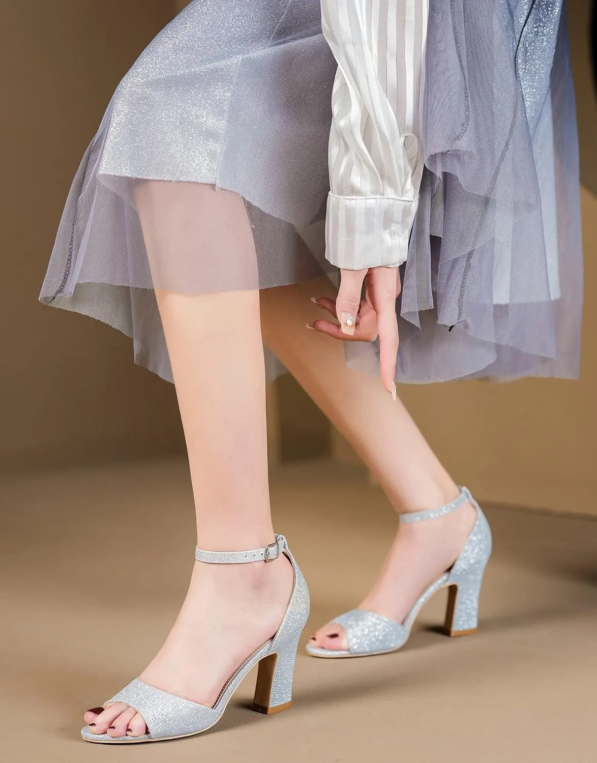 HHTCAL Block Chunky Heels for Women Peep Open Toe Ankle Strap Strappy Heeled Sandals 3 inch Party Dress Wedding Shoes Bride Bridesmaid