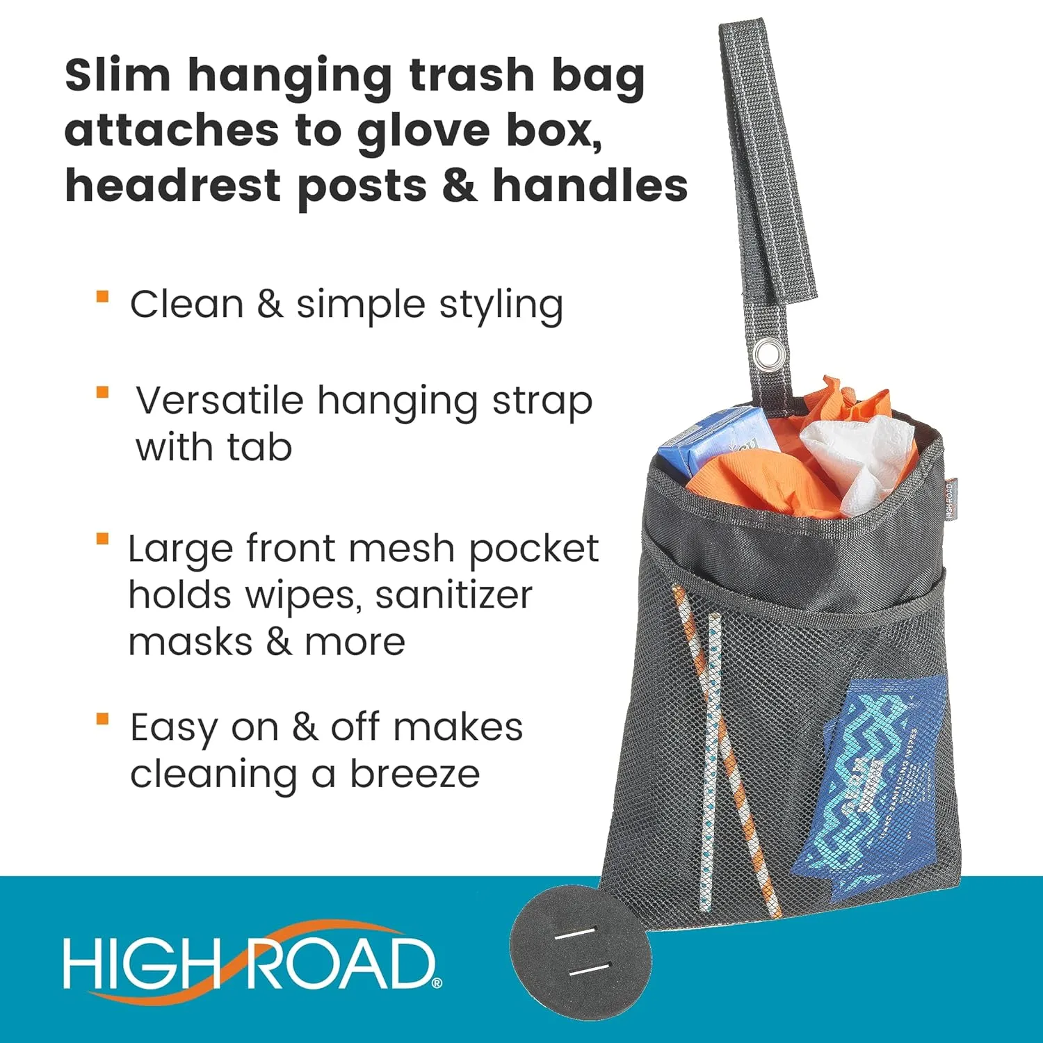 High Road TrimTrash Hanging Car Garbage Bag - Leakproof and Compact with Magnetic Closure and Storage Pocket