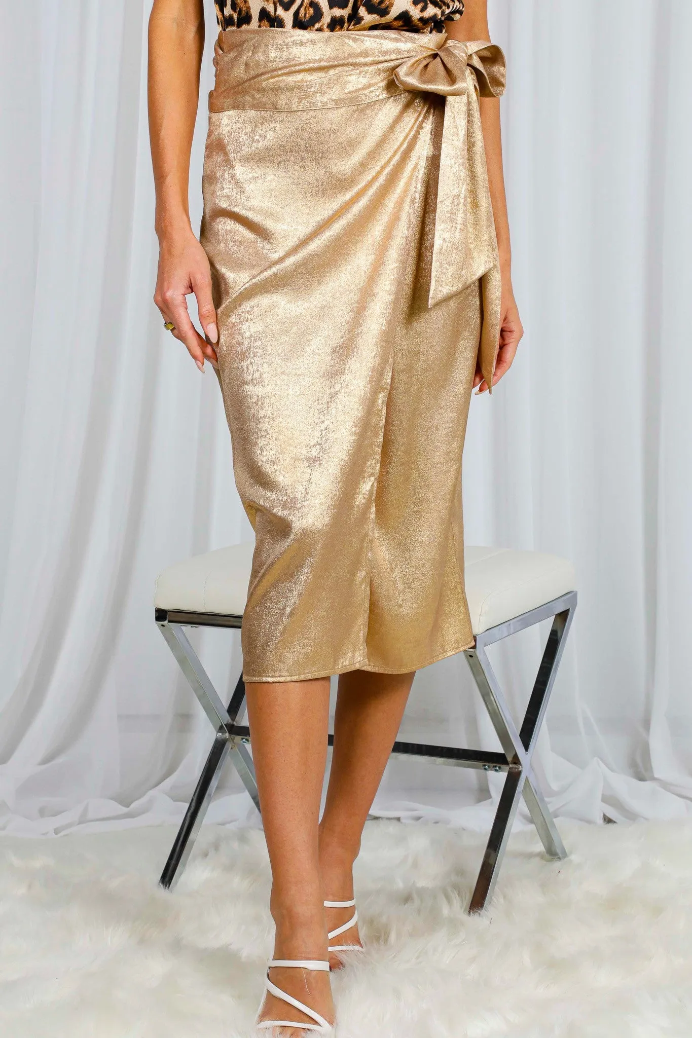 HIGH WAIST STRAP METALLIC MIDI WRAP SKIRT