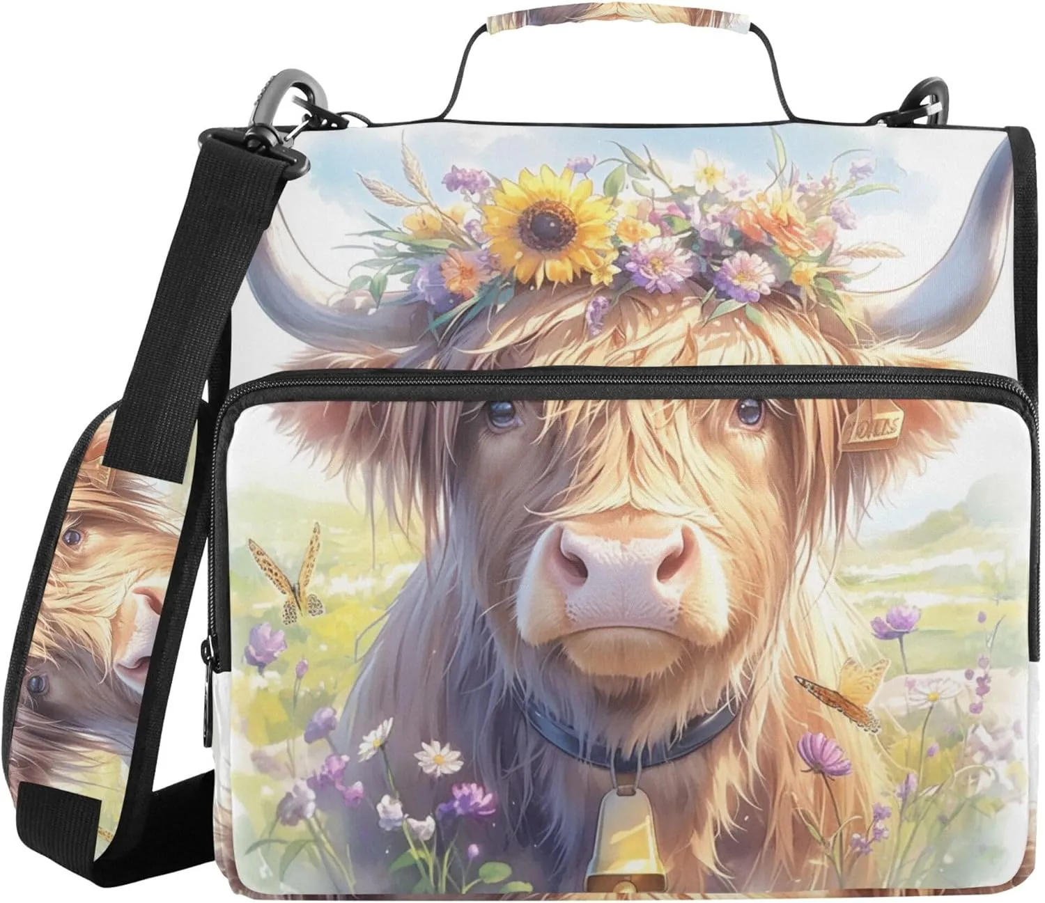 Highland Cow with Floral Crown Binder with Extra Pockets with Shoulder Strap & Handle Waterproof 1.5 Inch 3 Rings Pencil Cases Portfolio Binder Home Travel Cards Storage Container