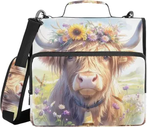 Highland Cow with Floral Crown Binder with Extra Pockets with Shoulder Strap & Handle Waterproof 1.5 Inch 3 Rings Pencil Cases Portfolio Binder Home Travel Cards Storage Container