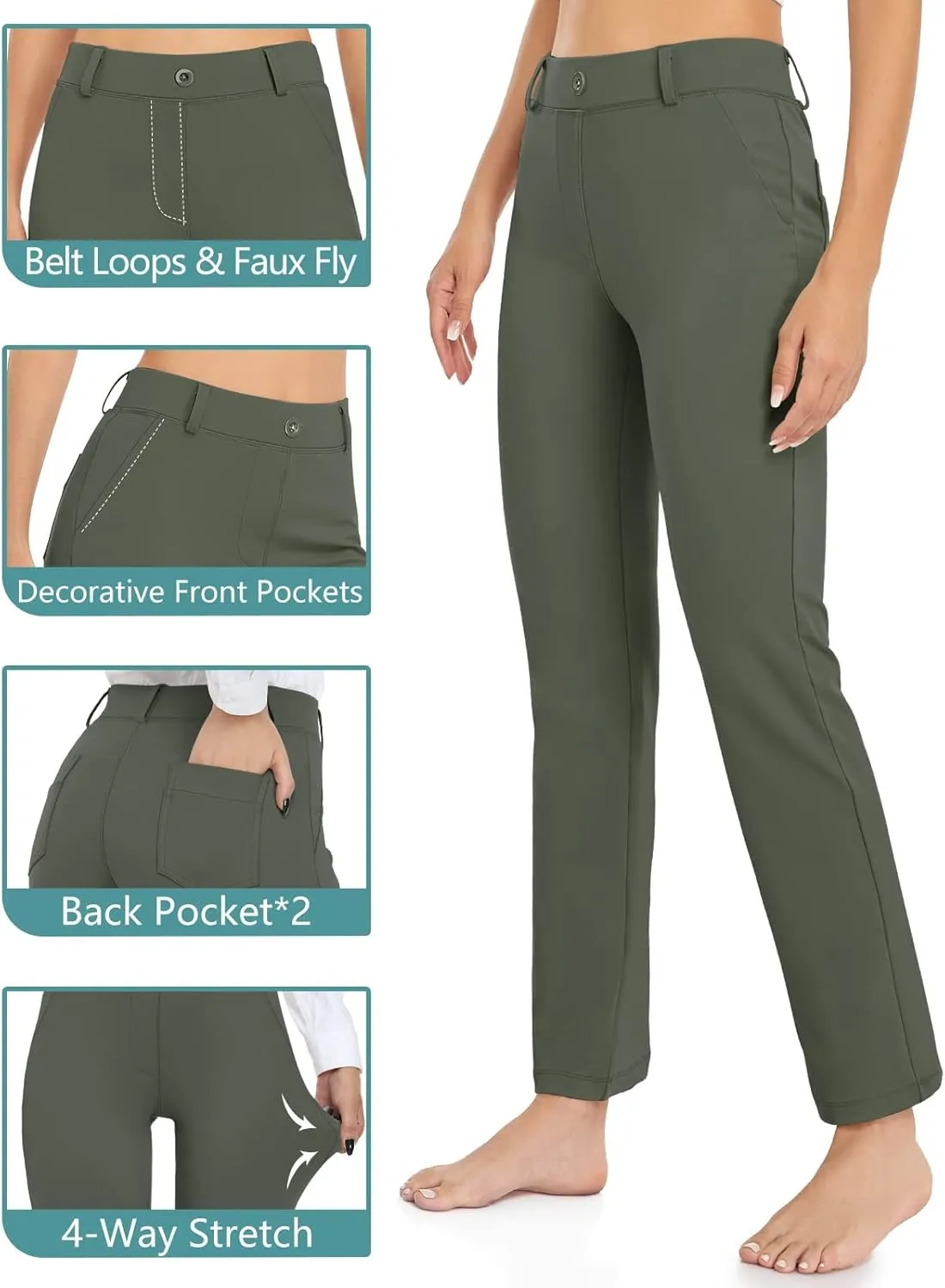 HISKYWIN Women Yoga Dress Pants Stretchy Work Pants Straightleg/Bootcut Office Slacks with Pockets for Business Casual Petite