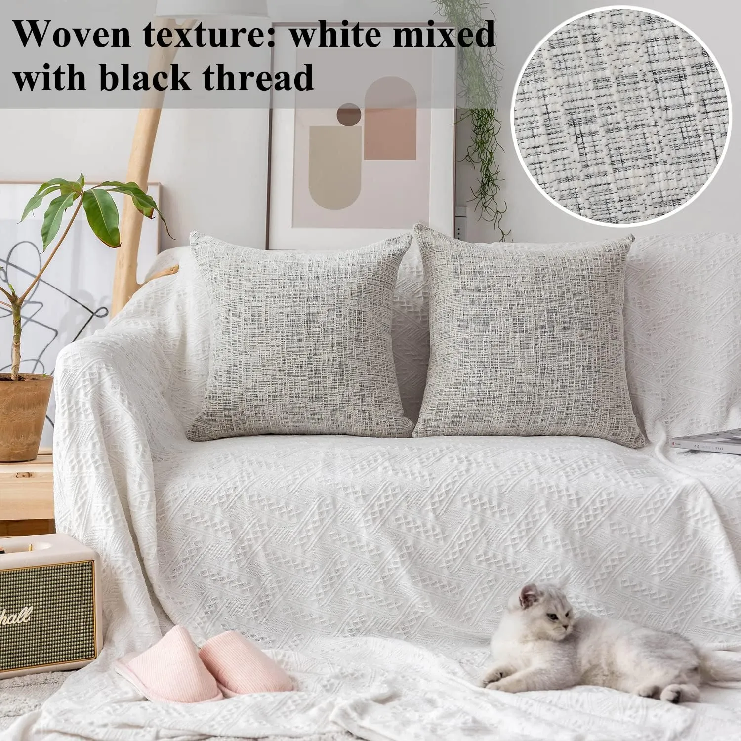Home Brilliant Textured Throw Pillow Covers Chenille Stripe Velvet Pillowcases for Home Decoriation, Set of 2, 50x50 cm(20x20 inches), Cream Mix Black