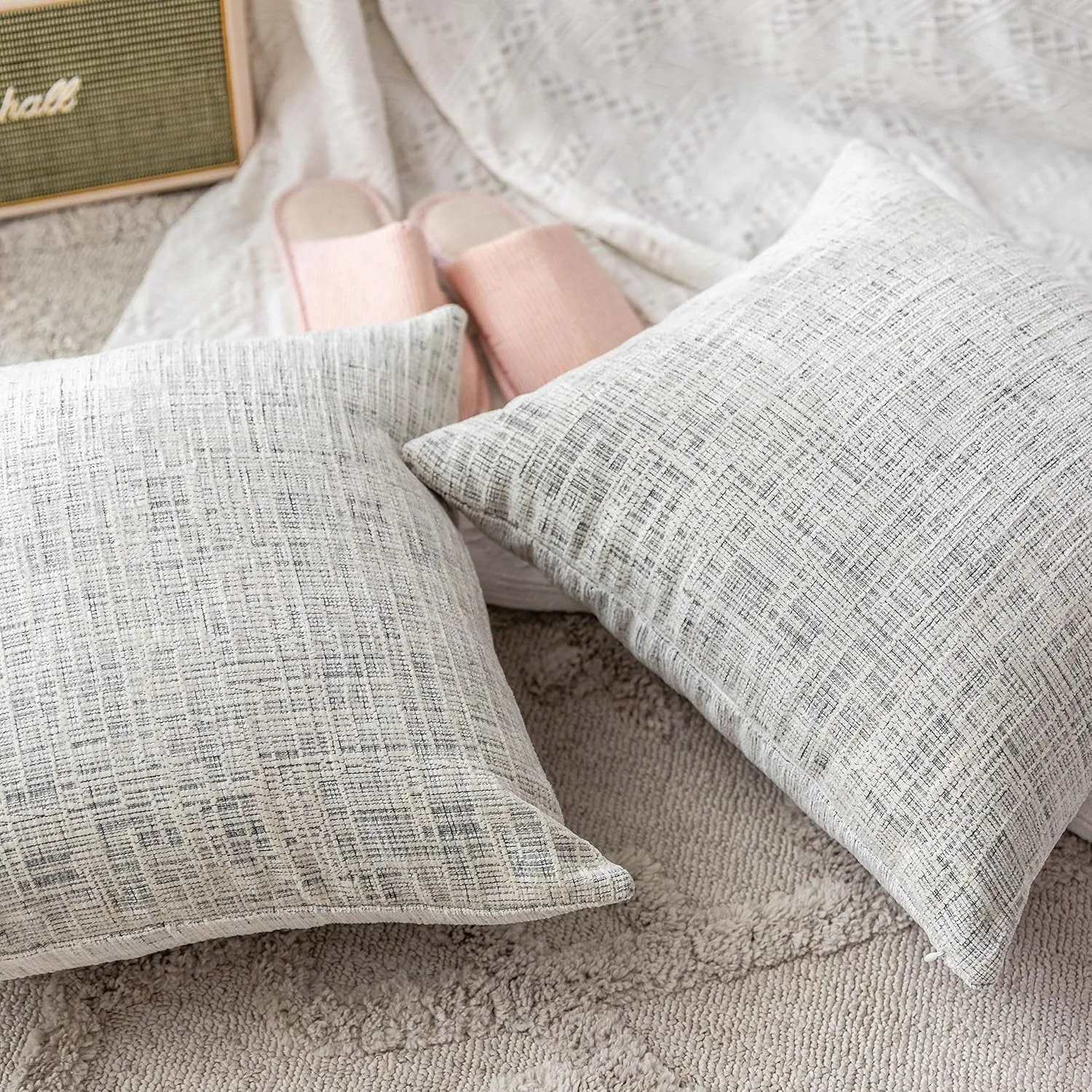 Home Brilliant Textured Throw Pillow Covers Chenille Stripe Velvet Pillowcases for Home Decoriation, Set of 2, 50x50 cm(20x20 inches), Cream Mix Black