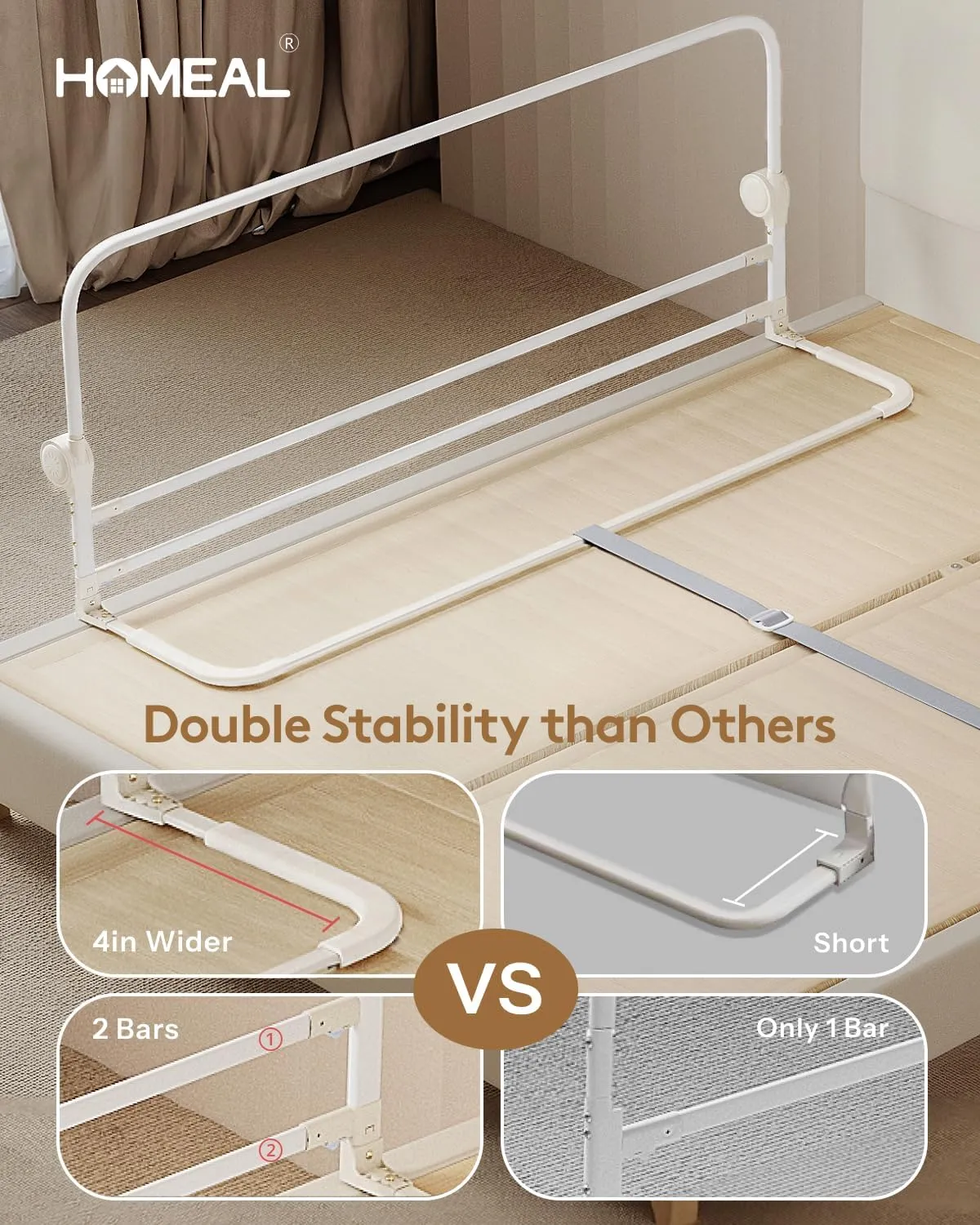 HOMEAL 59in Foldable Toddler Bed Rails, Bed Rail for Toddlers with U-Shape Base, Baby Bed Rail Guard for Twin, Full, Queen, King Beds, Bed Rail for Baby, White