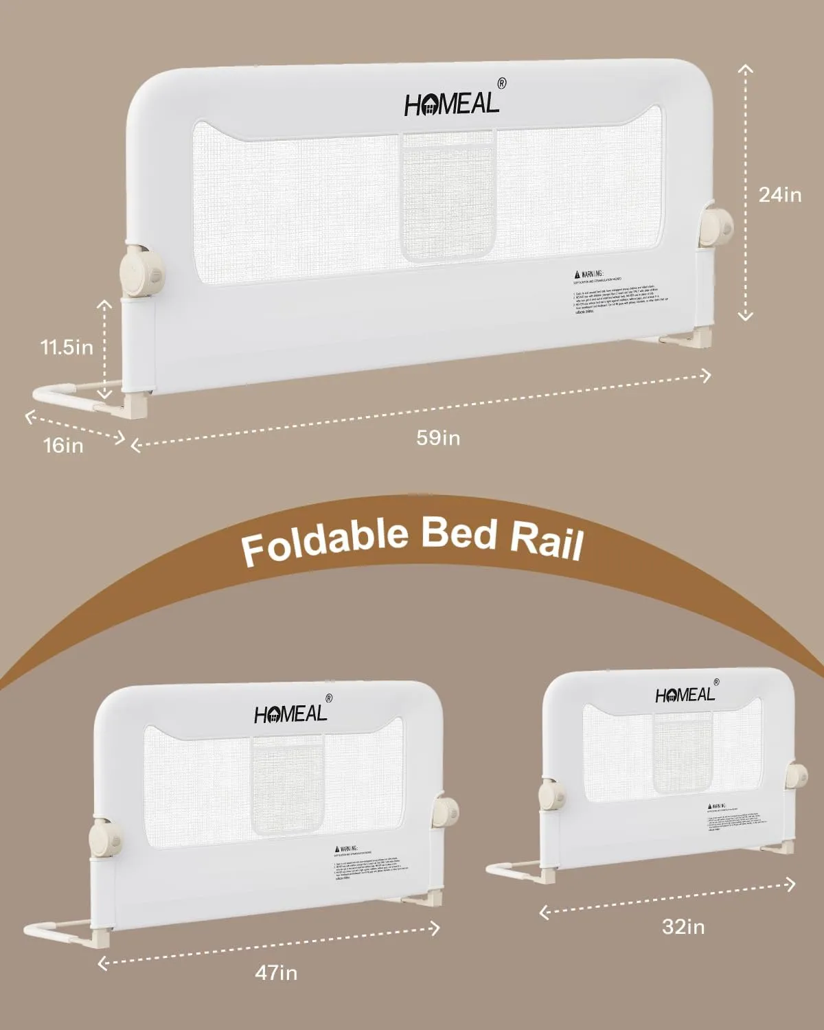 HOMEAL 59in Foldable Toddler Bed Rails, Bed Rail for Toddlers with U-Shape Base, Baby Bed Rail Guard for Twin, Full, Queen, King Beds, Bed Rail for Baby, White
