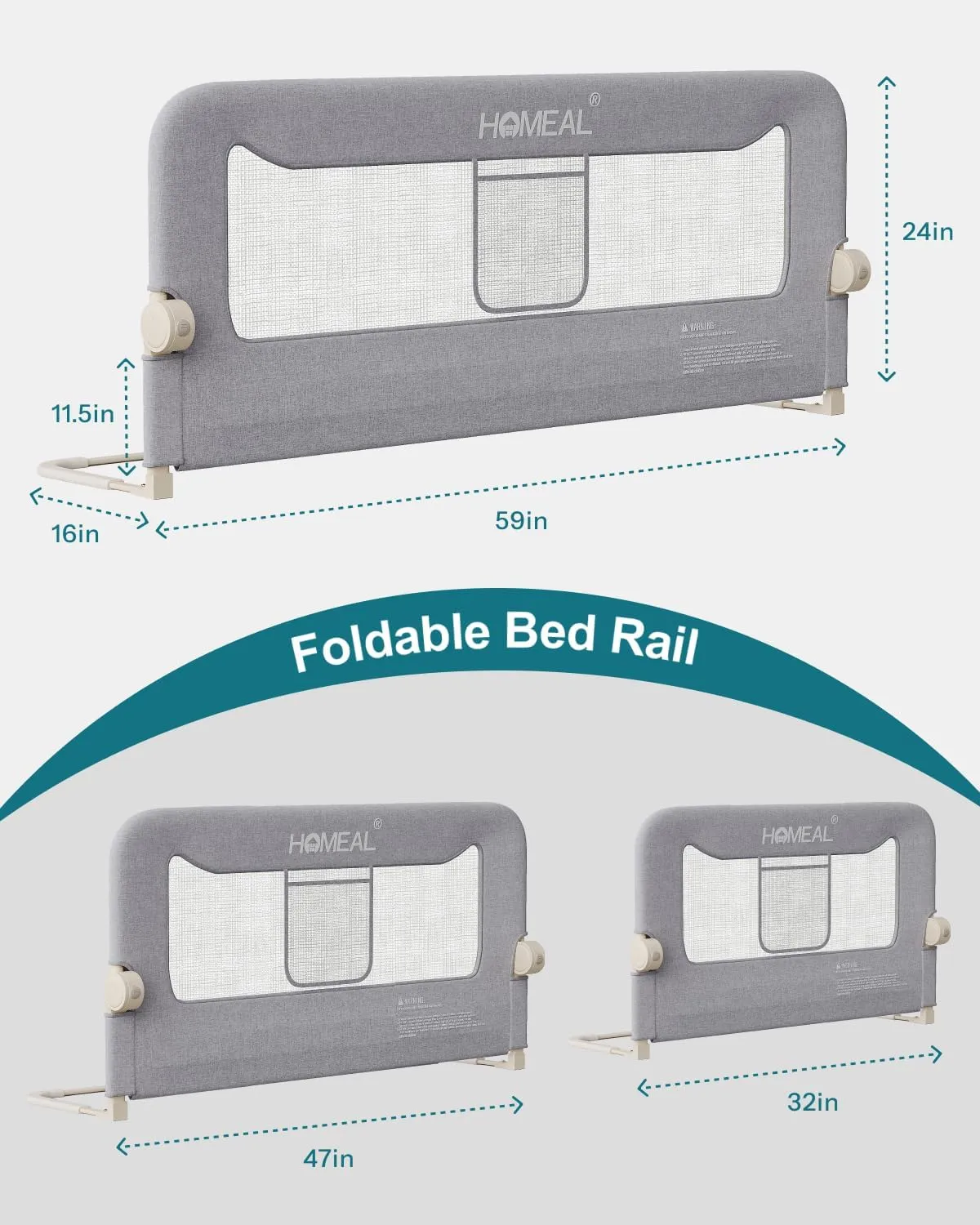 HOMEAL Bed Rail for Toddlers, 59in Swing Down Baby Bed Rail Guard, Toddler Bed Rails for King Size Beds, Twin, Full, Queen, Bed Guard Rail for Toddlers, Grey
