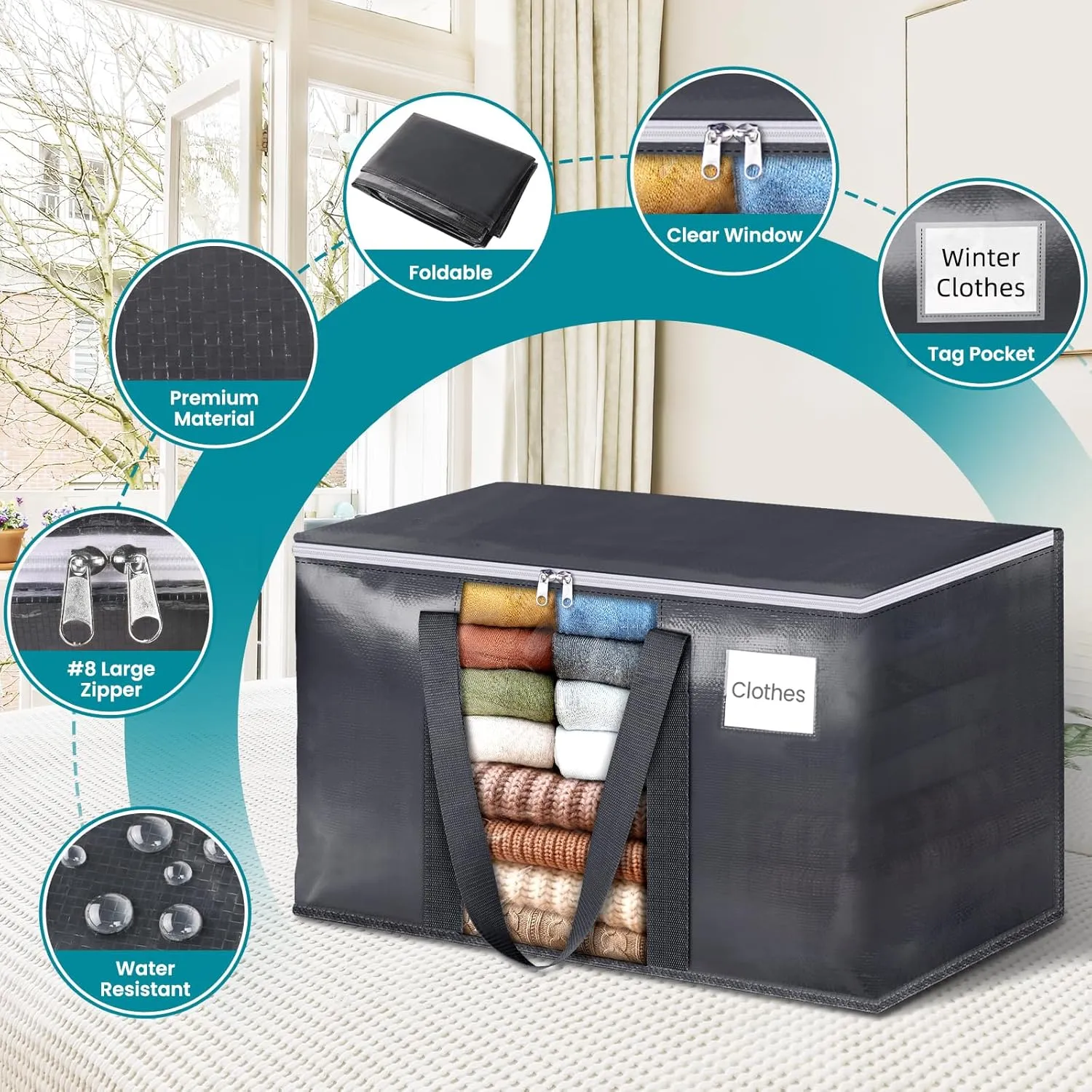 HomeHacks 8 Pack Extra Large Moving Bags with Visual PVC Window & Zippers, Storage Totes with Reinforced Handles, Heavy Duty Storage Bags for Packing, Moving, Storage (125L,Grey)