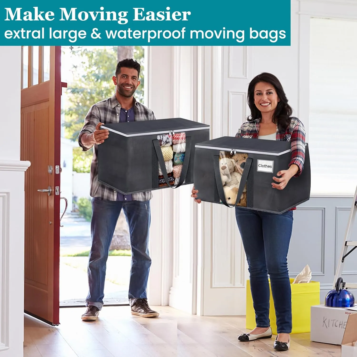 HomeHacks 8 Pack Extra Large Moving Bags with Visual PVC Window & Zippers, Storage Totes with Reinforced Handles, Heavy Duty Storage Bags for Packing, Moving, Storage (125L,Grey)