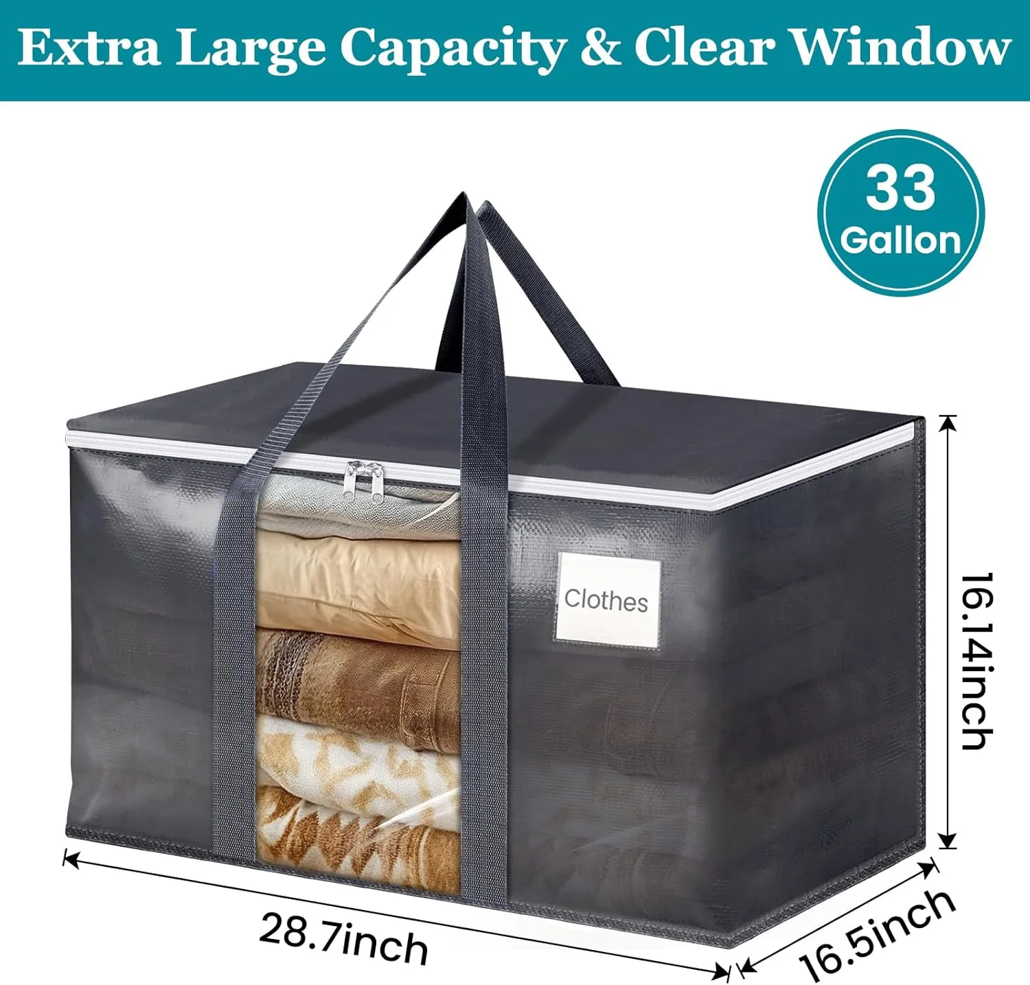 HomeHacks 8 Pack Extra Large Moving Bags with Visual PVC Window & Zippers, Storage Totes with Reinforced Handles, Heavy Duty Storage Bags for Packing, Moving, Storage (125L,Grey)