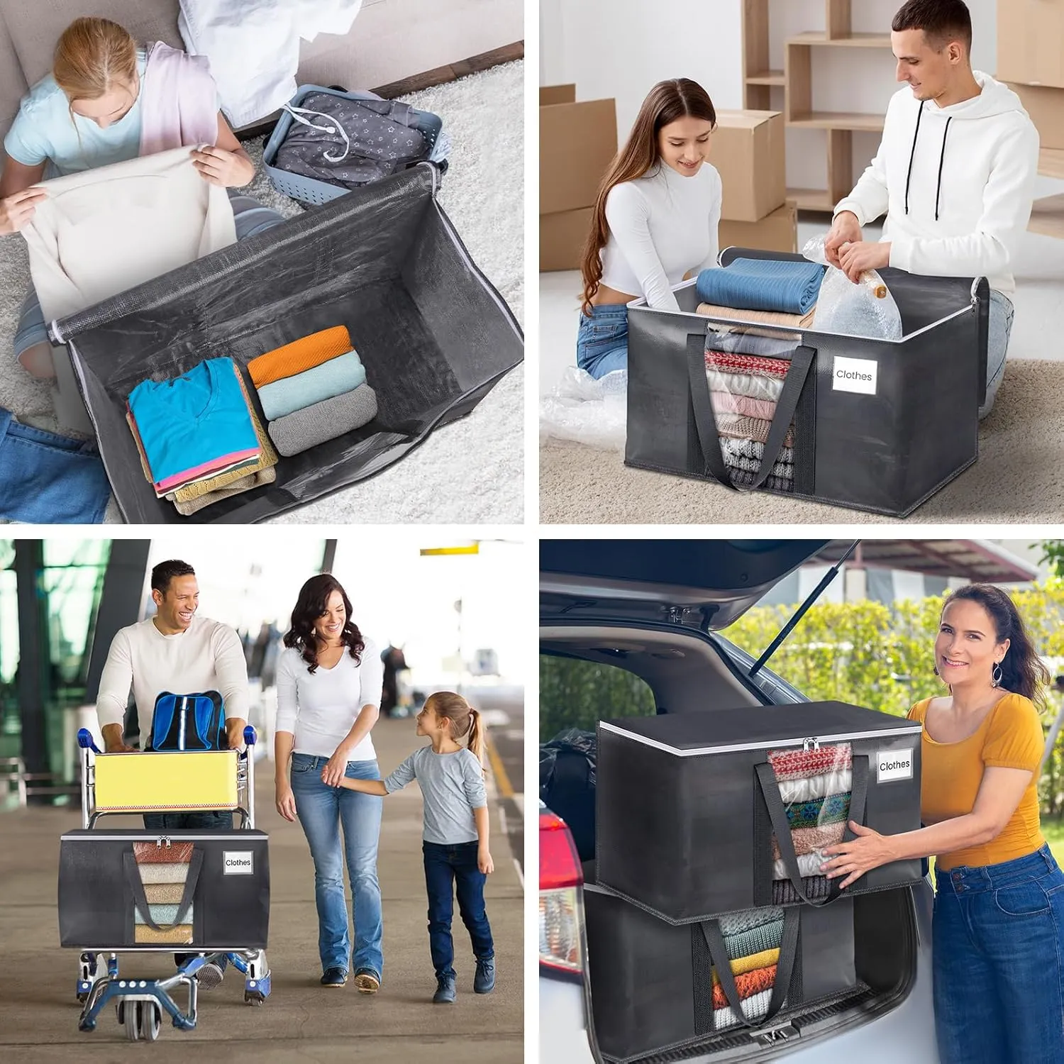 HomeHacks 8 Pack Extra Large Moving Bags with Visual PVC Window & Zippers, Storage Totes with Reinforced Handles, Heavy Duty Storage Bags for Packing, Moving, Storage (125L,Grey)