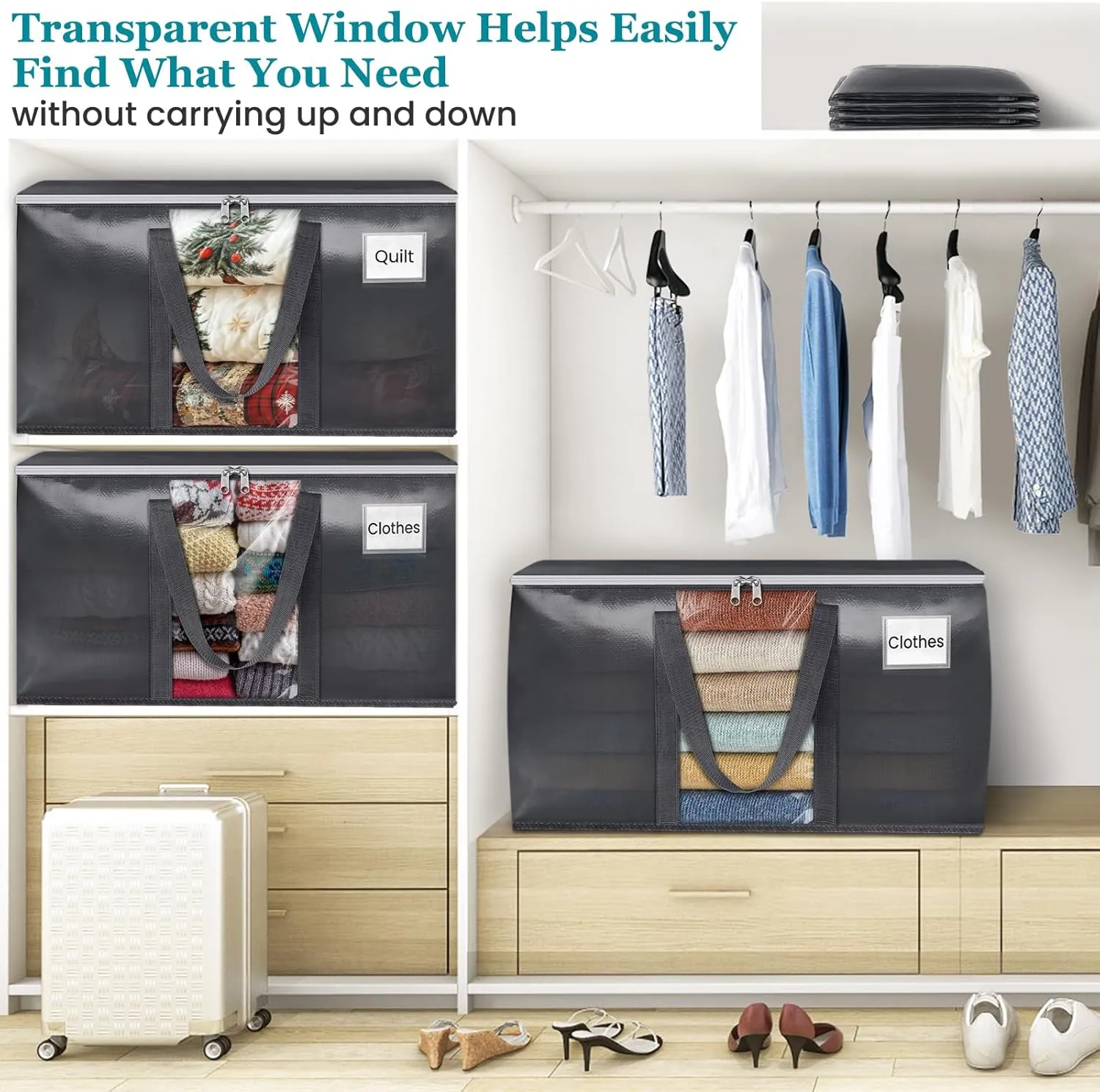 HomeHacks 8 Pack Extra Large Moving Bags with Visual PVC Window & Zippers, Storage Totes with Reinforced Handles, Heavy Duty Storage Bags for Packing, Moving, Storage (125L,Grey)