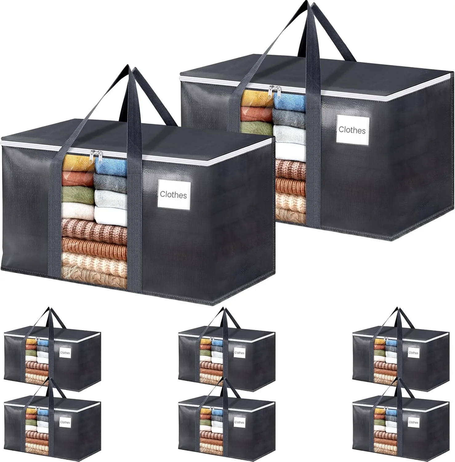 HomeHacks 8 Pack Extra Large Moving Bags with Visual PVC Window & Zippers, Storage Totes with Reinforced Handles, Heavy Duty Storage Bags for Packing, Moving, Storage (125L,Grey)