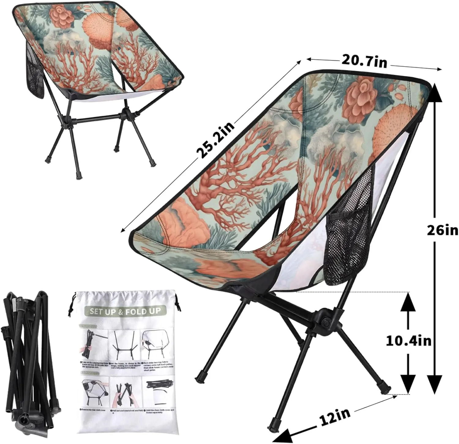 Honeybaby Folding Camping Chair Coral Theme Camping Chairs Lightweight Portable Chair Outdoor Foldable Chairs for Camping Travel Picnic Beach Hiking