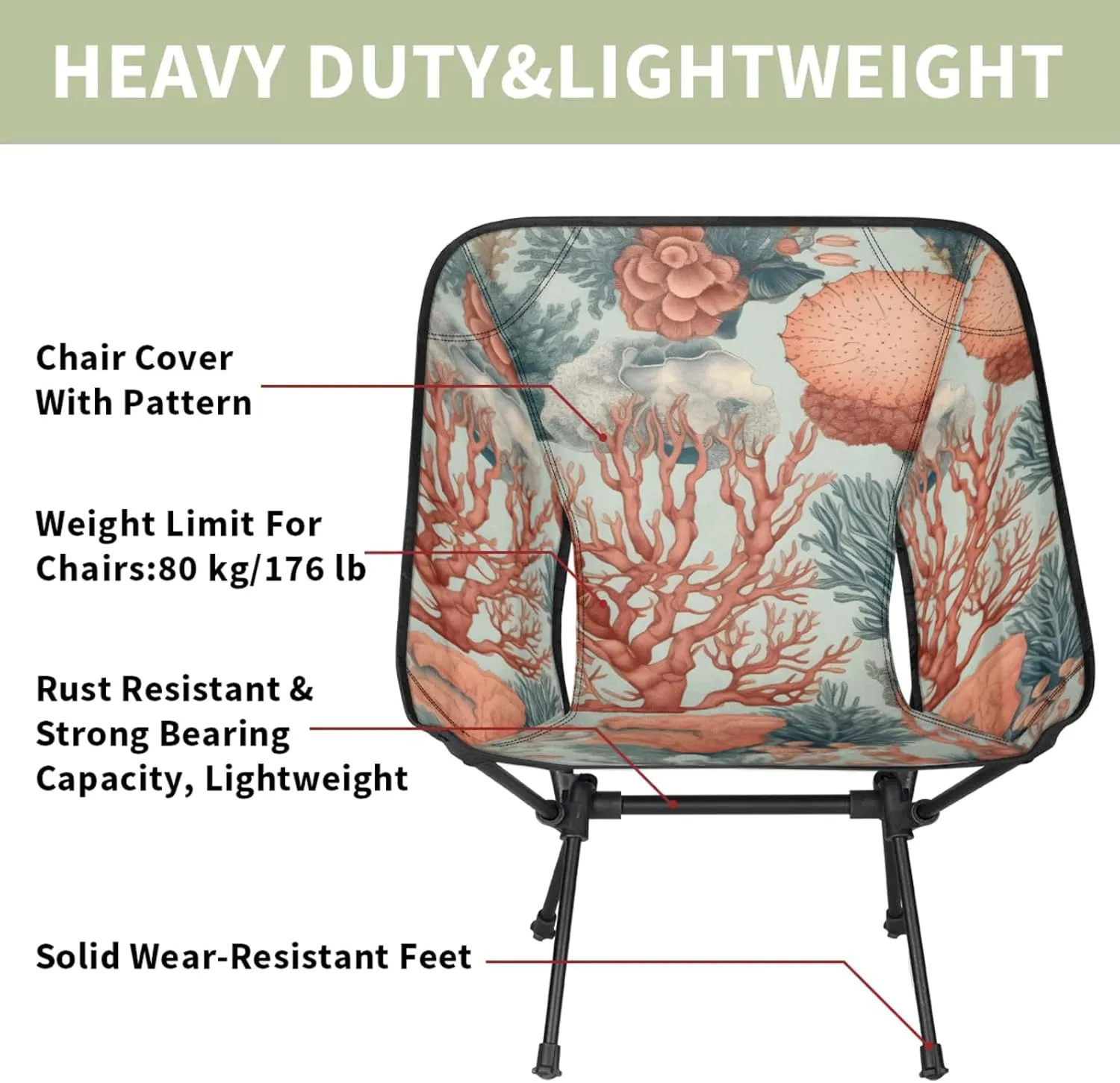Honeybaby Folding Camping Chair Coral Theme Camping Chairs Lightweight Portable Chair Outdoor Foldable Chairs for Camping Travel Picnic Beach Hiking