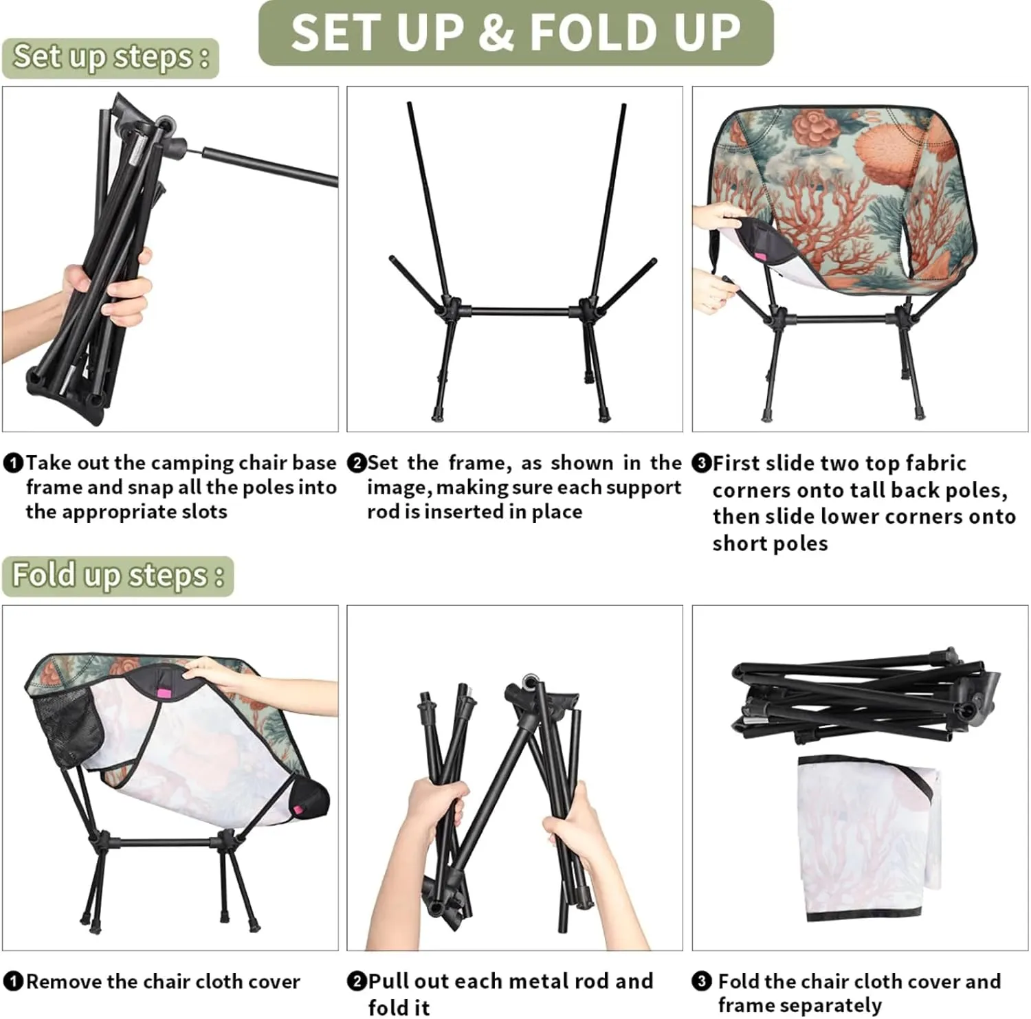 Honeybaby Folding Camping Chair Coral Theme Camping Chairs Lightweight Portable Chair Outdoor Foldable Chairs for Camping Travel Picnic Beach Hiking